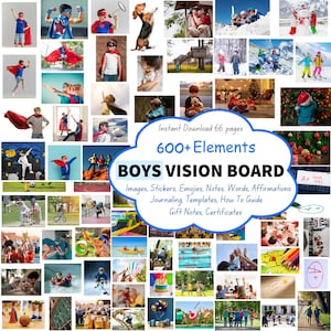 Boys Vision Board Kit, 600+ Elemente, bedruckbarer Zielplaner, Affirmationskarten, Aufkleber, Journaling-Seiten, Jungenmotivationsausschnitte