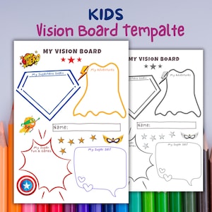Plantilla de tablero de visión para niños, establecimiento de objetivos imprimible, motivación de superhéroes, actividad de autoestima, descarga digital divertida para niños