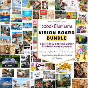 2025 Vision Board Kit Bundle, Printable Goal Planner, Law of Attraction, 2000+ Manifestation Tools, Digital Self Care Journal & Stickers