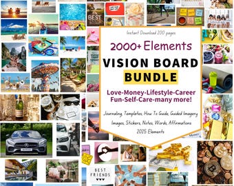 Vision Board Kit Bundle, Printable Goal Planner, Law of Attraction, 2000+ Manifestation Tools, Digital Self Care Journal & Stickers