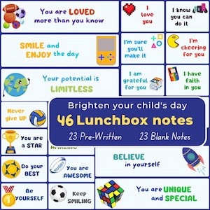46 notes édifiantes pour la boîte à lunch des enfants, messages encourageants, notes sur les jeux et les sports, notes sur la boîte à collations, cartes imprimables pour la rentrée des classes PDF