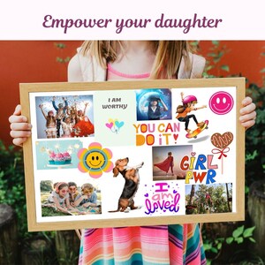 May include: A white dry-erase board with a wooden frame, featuring a colorful collage of images and text. The collage includes images of people, animals, and objects, as well as text such as "I am worthy", "You can do it!" and "Girl Power".