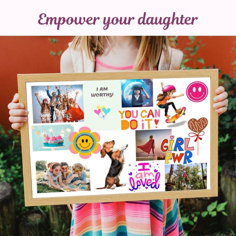 May include: A white dry-erase board with a wooden frame, featuring a colorful collage of images and text. The collage includes images of people, animals, and objects, as well as text such as "I am worthy", "You can do it!" and "Girl Power".