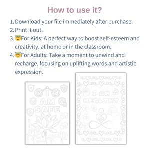 May include: Two printable coloring pages with positive affirmations. The first page features a lotus flower and the words "I am safe". The second page features a person meditating and the words "I am healthy".