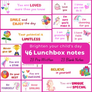 46 notes de boîte à lunch édifiantes pour les enfants, messages d'encouragement, notes de boîte à collation, notes de déjeuner licorne, impressions de rentrée