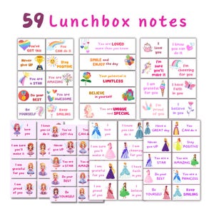 Lot de notes pour boîte à lunch pour enfants | Notes de boîte à goûter numérique Princesse et licorne | Messages encourageants pour les filles | Imprimables pour la rentrée