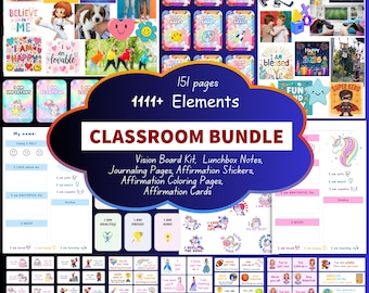 Paquete para el aula, 151 páginas, tarjetas de afirmaciones para niños, notas para la lonchera, páginas para colorear, tablero de visión, imprimible para consejero escolar.