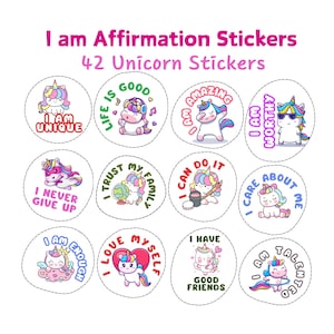 Einhorn Affirmations Aufkleber für Kinder, ICH BIN positive Affirmationen, Kinder Empowerment Aufkleber, druckbare Motivationsaufkleber PNG PDF
