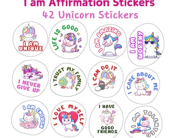 Unicorn Affirmation Stickers for Kids, I AM Positive Affirmations, Kids Empowerment Stickers, Motivational Printable Stickers PNG PDF