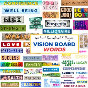 Peut inclure: Un tableau de vision coloré avec des mots comme "Confiance", "Bien-être", "Riche", "Force", "Richesse", "Amour", "Mentalité", "Succès", "Bonheur", "Voyage", "Foi", "Bien-être", "Champion", "Bonnes Vibrations", "Touche Dorée", "Prospérité", "Millionaire", "Bon Travail", "Je peux le faire", "Pouvoir féminin", "Soins personnels", "Mots du tableau de vision", "Bons moments", "Brillance", "Vivre la bonne vie", "Chanceux", "Inspiration", "Alchimie", "Liberté", "Femme d'affaires prospère", "Faire la différence", "Possibilités infinies", "Impact", "Unique en son genre", et "Suivez votre cœur".