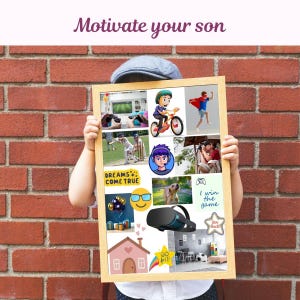 May include: A motivational poster with a collage of images for a child. The poster includes images of a boy riding a bike, playing video games, playing cricket, and a dog. The poster also includes text that says "Dreams Come True", "I win the game", "You Rock", and "Go Get It!"