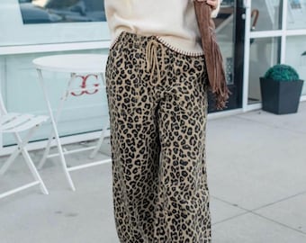 Khaki Leopard Print Womens denim Jeans with Drawstring