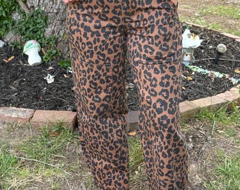 Brown denim leopard print barrel jeans
