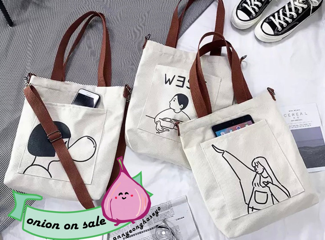 Korean Fashion Tote Shoulder Canvas Bag With Zipper for Etsy