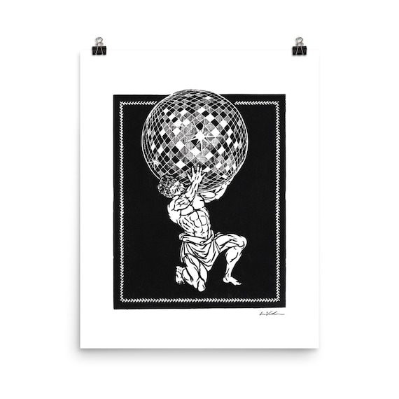 Atlas at the Disco Linocut Print Reproduction  | Queer Art | Digital Print | Mythology | Original Artwork | Art Print | Disco Art | Gay Art