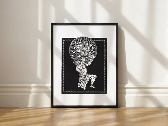 Atlas at the Disco Linocut Print Reproduction  | Queer Art | Digital Print | Mythology | Original Artwork | Art Print | Disco Art | Gay Art