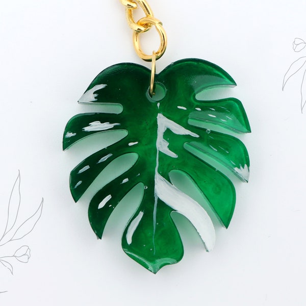 Monstera leaf variegated keychain bag charm hand painted