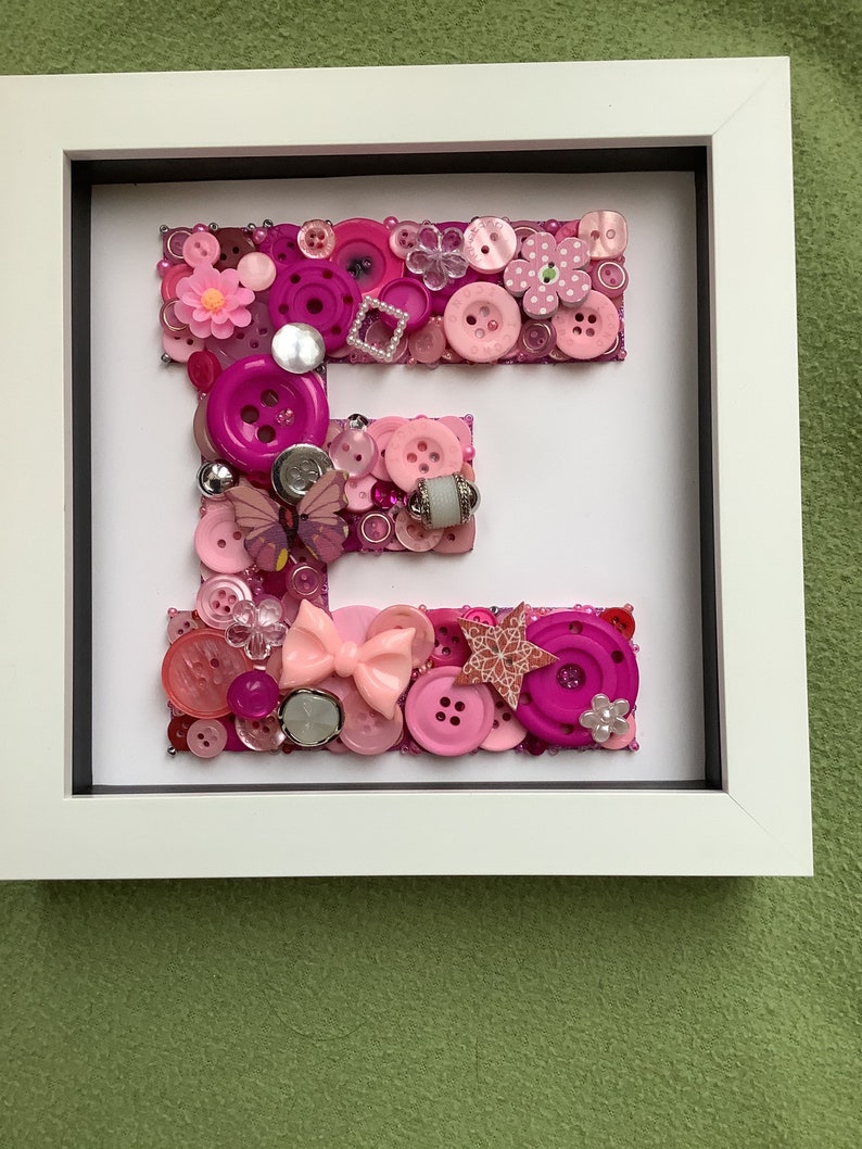 Beautiful button letter in 6\u201d x 6\u201d box frame Baby boy Housewarming gift Baby girl Nursery decor Any letterany colour.