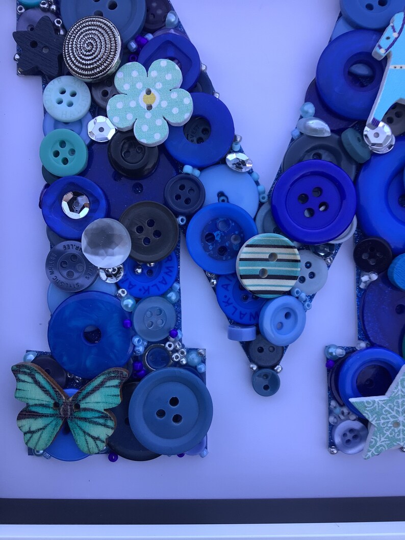 Beautiful button letter in 6\u201d x 6\u201d box frame Baby boy Housewarming gift Baby girl Nursery decor Any letterany colour.