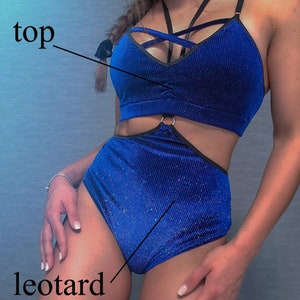 Outfit shine blue set with sequins, Outfit velvet shine bodysuit, pole dance wear, Elegant leotard, Pro twerk costume, Open Back Swimsuit