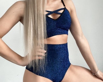 Conjunto de pole dance de lúrex, shorts de talle alto, ropa exótica para fiestas rave.