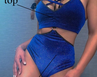 Ensemble bleu brillant avec paillettes, body brillant en velours, vêtements de pole dance, justaucorps élégant, costume Pro twerk, maillot de bain dos ouvert