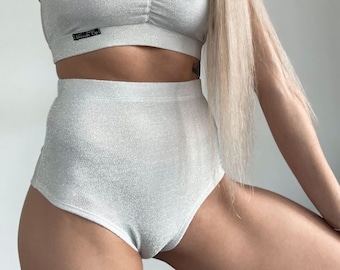 White Lurex High Waist Booty Shorts, Dancewear