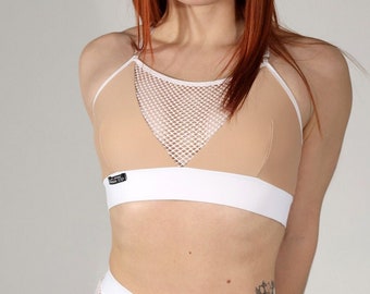 Beige mesh-danstop, mouwloze paaldanskleding