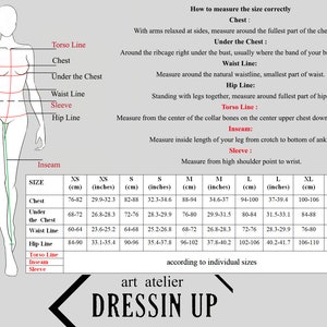 May include: Diagram illustrating how to measure for clothing, with a female figure and measurement points labeled. Includes a size chart with chest, under chest, waist, and hip measurements in both centimeters and inches. The brand name "DRESSIN UP" is at the bottom.