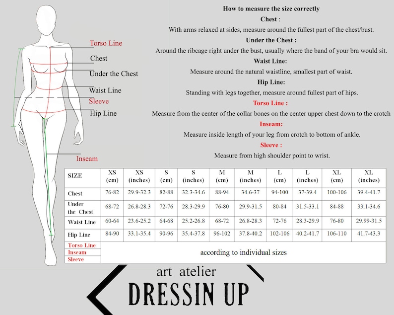 May include: Diagram illustrating how to measure for clothing, with a female figure and measurement points labeled. Includes a size chart with chest, under chest, waist, and hip measurements in both centimeters and inches. The brand name "DRESSIN UP" is at the bottom.