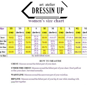 May include: A women's size chart with measurements in centimeters and inches. The chart includes chest, under the chest, waist line, hip line, and torso line measurements for sizes XS to XL. The chart also includes instructions on how to measure.