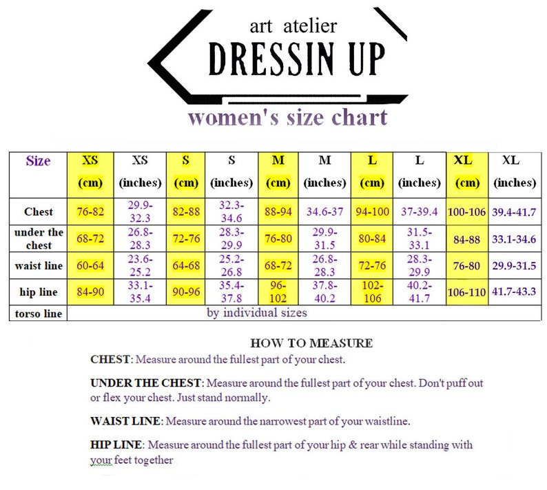 May include: A women's size chart with measurements in centimeters and inches. The chart includes chest, under the chest, waist line, hip line, and torso line measurements for sizes XS to XL. The chart also includes instructions on how to measure.