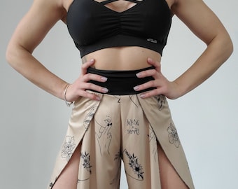Tattoo Print Pole Dance Set, Slit Culottes Skirt, Top with Inserts