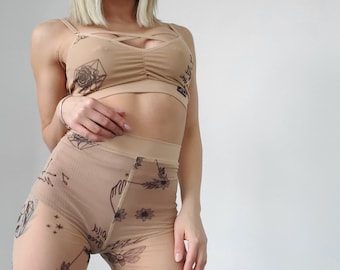 Exotic Tattoo Print Pole Dance Outfit, Supplex Cycling Shorts