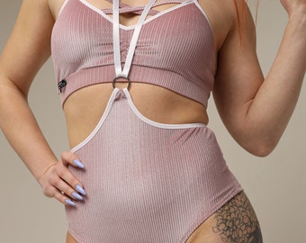 Light Pink Glitter Velvet Dancewear Set, Pole Dance Bodywear, Sparkling Rave Shorts Top