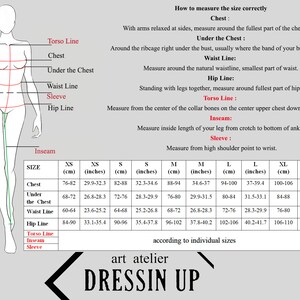 May include: A size chart for clothing with measurements in inches and centimeters. The chart includes measurements for chest, under the chest, waist, hip, torso, inseam, and sleeve. The chart is labeled with sizes XS, S, M, L, XL.