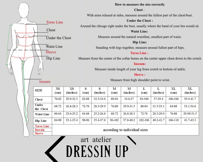 May include: A size chart for clothing with measurements in inches and centimeters. The chart includes measurements for chest, under the chest, waist, hip, torso, inseam, and sleeve. The chart is labeled with sizes XS, S, M, L, XL.