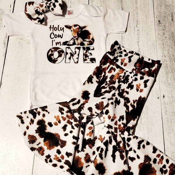 Holy Cow I'm One! 1st Birthday Outfit! Brown Cowprint bell bottom pants, cowhide Bummies, cow theme black and brown fur like print