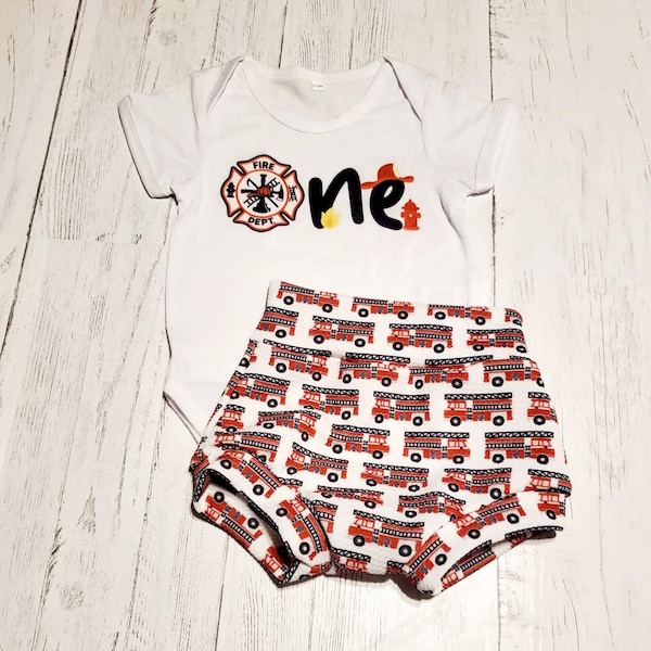 Firefighter first birthday outfit, fire truck 1st birthday bummies and bodysuit, Toddler firefighter shirt, firetruck print shorts or pants