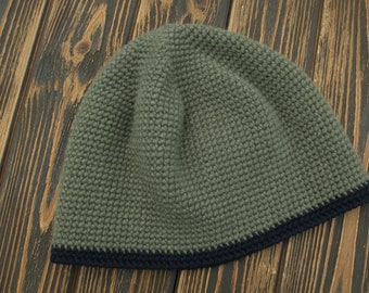 Angora with merino wool hat,  Matt green military with a blue-black strip crochet beanie, Fisherman beanie hat