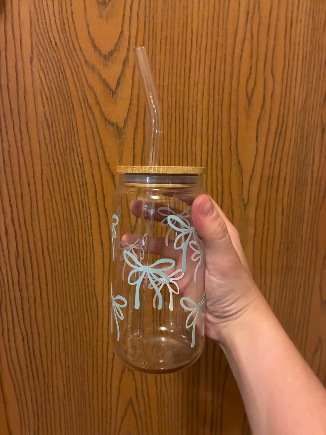 Bow Glass Can Cup With Bamboo Lid & Glass Straw - Etsy Canada