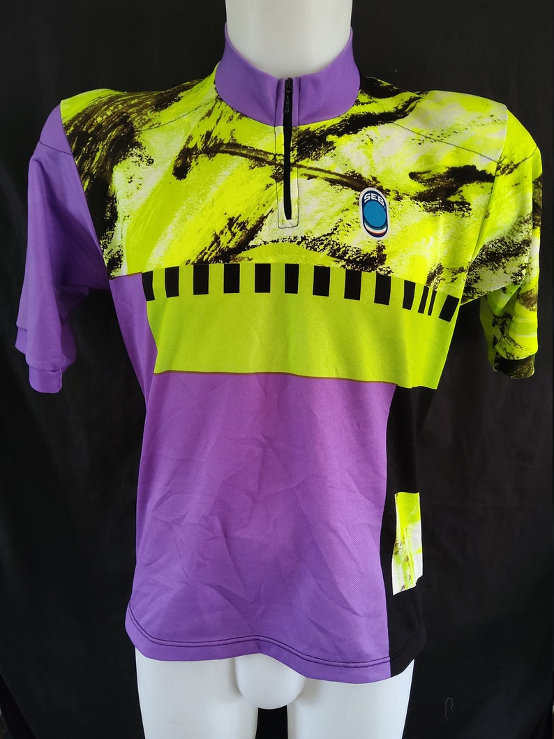 L made Middle 90/'s Cycle Bike T-shirt Retro Vintage Cycle Jersey Print with Shoulder Pads Unique Italian Made by SEB Cycling Shirt