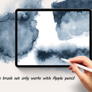 May include: A digital tablet with a white background and blue watercolor paint strokes. A hand is holding an Apple Pencil and drawing on the screen. The text "This brush set only works with Apple pencil" is displayed below the tablet.