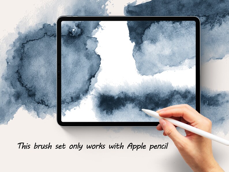 May include: A digital tablet with a white background and blue watercolor paint strokes. A hand is holding an Apple Pencil and drawing on the screen. The text "This brush set only works with Apple pencil" is displayed below the tablet.