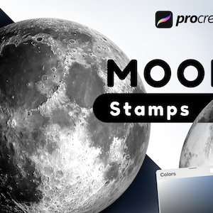 May include: A set of digital stamps featuring different phases of the moon. The stamps are designed for use with the Procreate app. The image shows a close-up of a full moon with craters and a smaller moon in the background. The text "MOON Stamps" is displayed in bold black letters.
