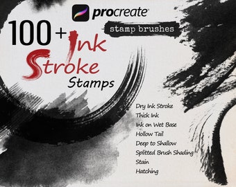 Procreate Ink Stroke, Stamp brushes, 100+ Ink Stroke design collection, zen stroke, stamp brushes.