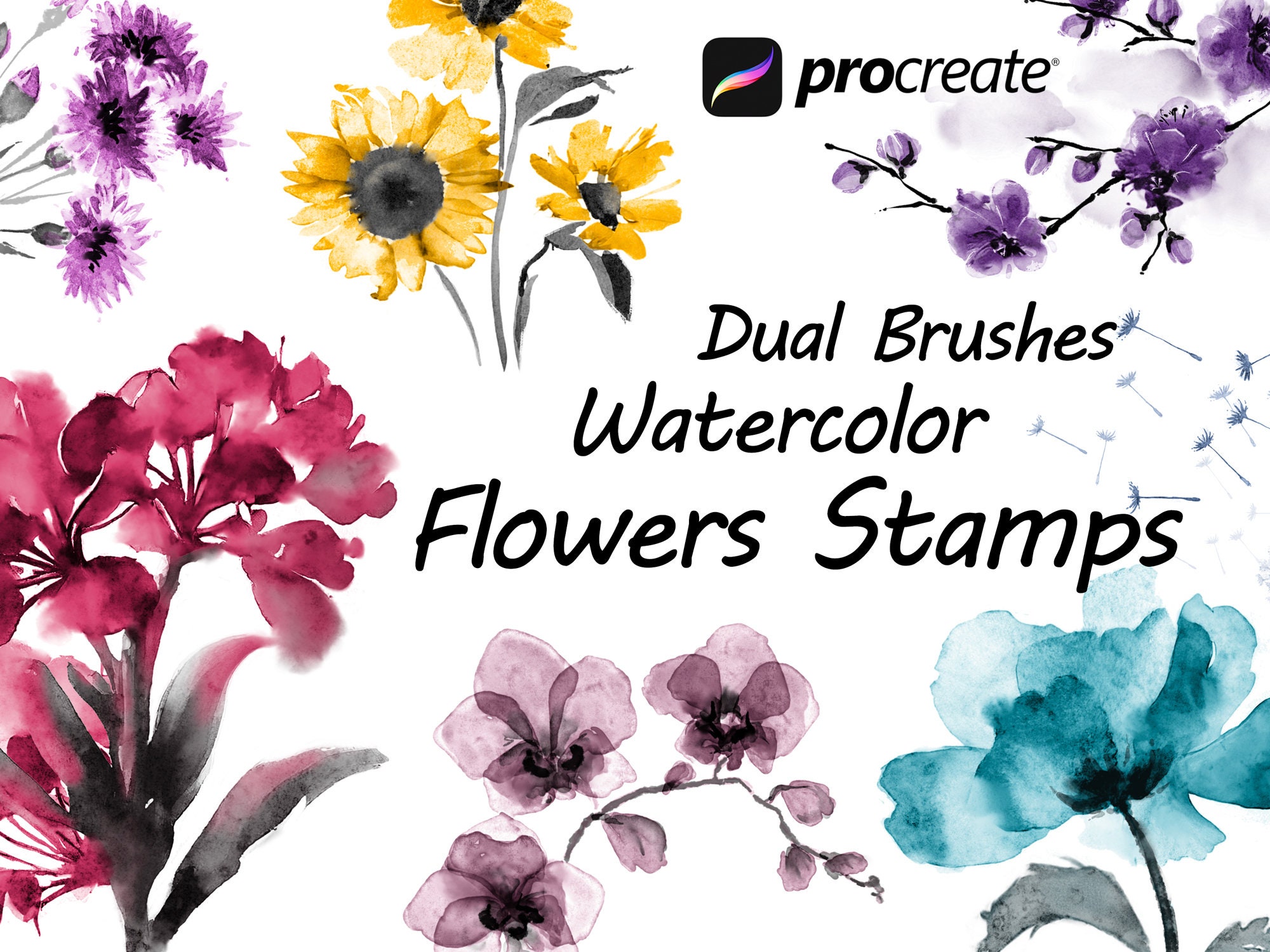 Procreate Flower Stamp Dual Brushes â 36 Floral & Botanical Leaf Stamps for iPad
