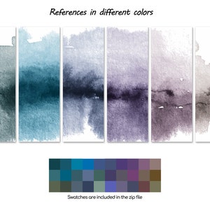 May include: Five watercolor swatches in different shades of blue, green, purple, and brown. The swatches are arranged in a row from left to right. The colors are blended together to create a gradient effect. The swatches are labeled "References in different colors".