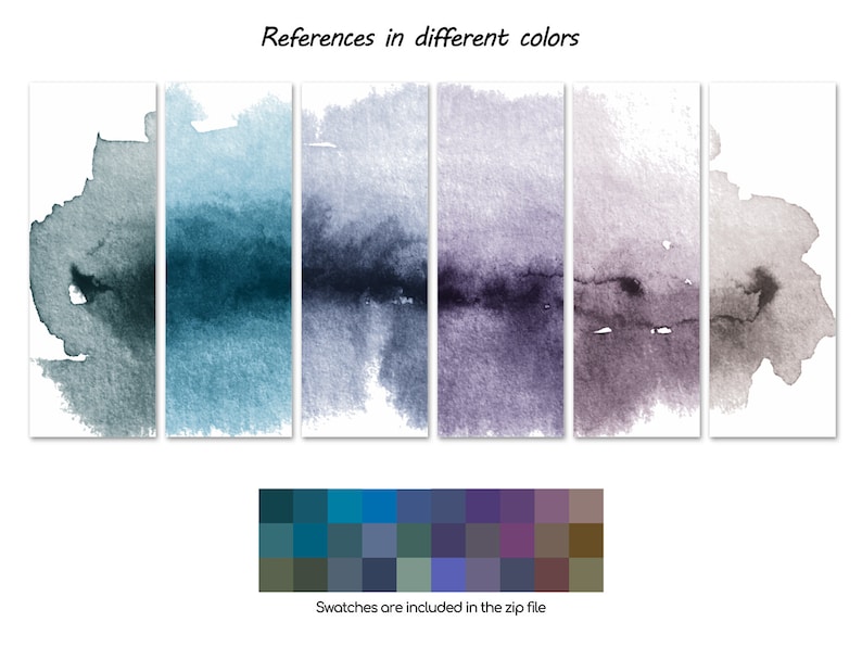 May include: Five watercolor swatches in different shades of blue, green, purple, and brown. The swatches are arranged in a row from left to right. The colors are blended together to create a gradient effect. The swatches are labeled "References in different colors".