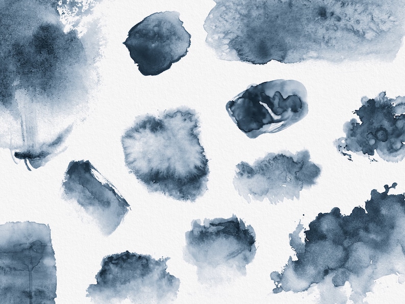 May include: A collection of abstract watercolor shapes in shades of blue. The shapes are irregular and organic, with soft edges and a textured appearance. The background is white.